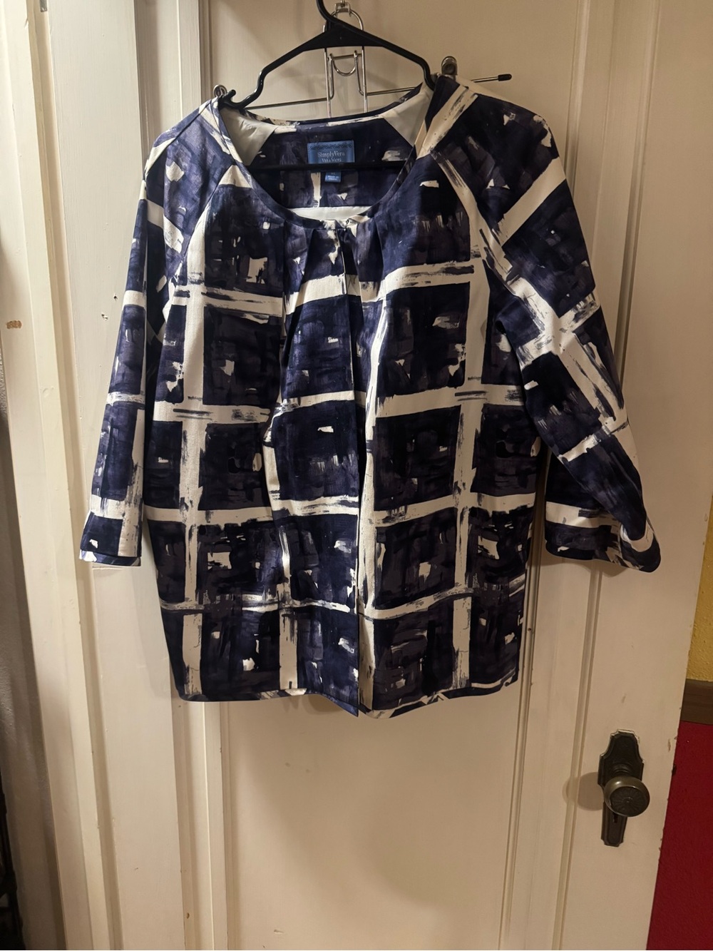 Vera Wang Navy and White Abstract Grid Blazer